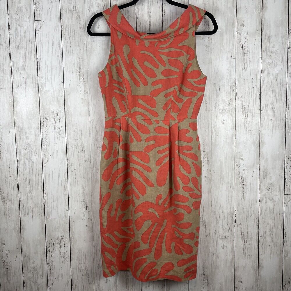 Donna Morgan Dress Women 2 Orange Tan Linen Shift Sleeveless Printed Lightweight